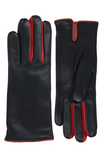 Nicoletta Rosi Cashmere Lined Leather Gloves In Black/ Red