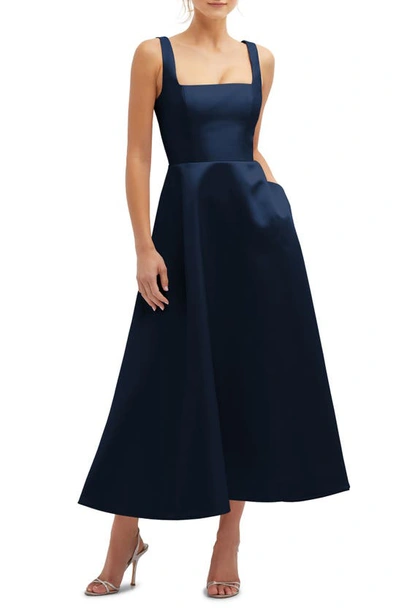 Dessy Collection Square Neck Sateen Midi Gown In Blue