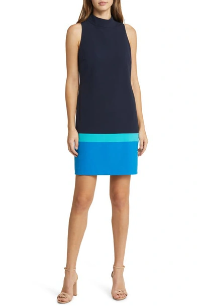 Tahari Asl Colourblock Sleeveless Shift Dress In Navy Aqua Blue