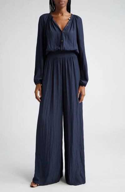 Ramy Brook Lea Long Sleeve Wide Leg Jumpsuit In Navy