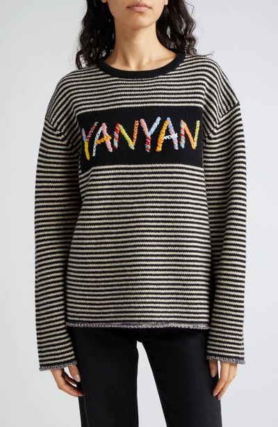 Yanyan Embroidered Logo Stripe Wool Sweater In Black/ Oatmeal