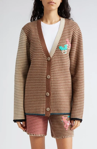 Yanyan Embroirdered Colorblock Stripe Wool V-neck Cardigan In Mink/ Hazelnut