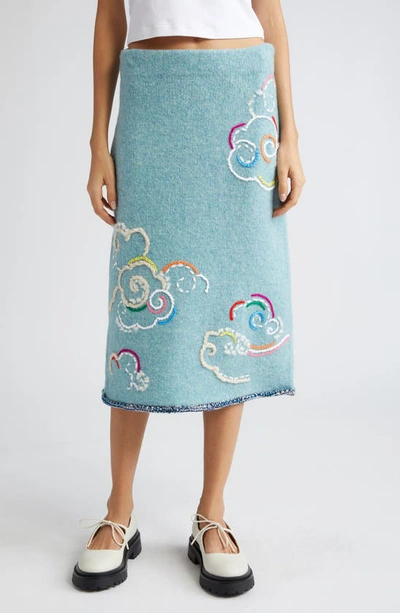 Yanyan Cloud Embroidered Wool Blend Skirt In Blue