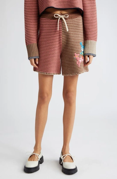 Yanyan Embroidered Colorblock Stripe Wool Sweater Shorts In Hazelnut/ Rose