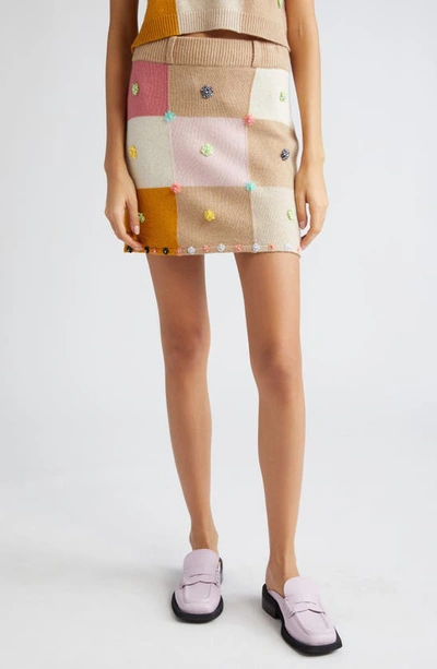 Yanyan Floral Ribbon Checkerboard Knit Wool Miniskirt In Strawberry