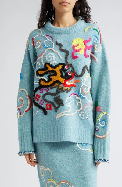 Yanyan Dragon Embroidered Wool Blend Crewneck Sweater In Blue