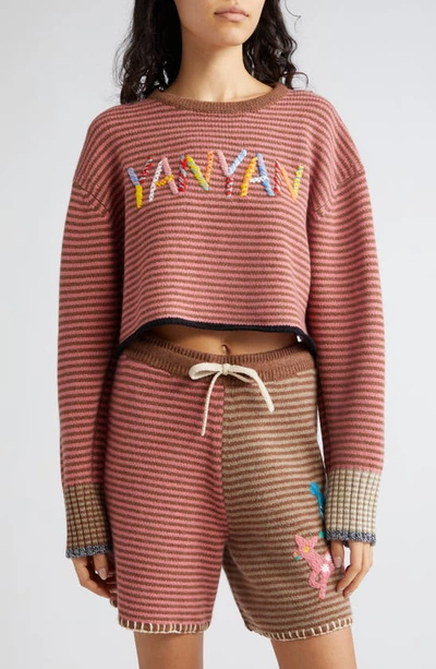 Yanyan Embroidered Logo Stripe Crop Wool Sweater In Rose/ Mink/ Hazelnut