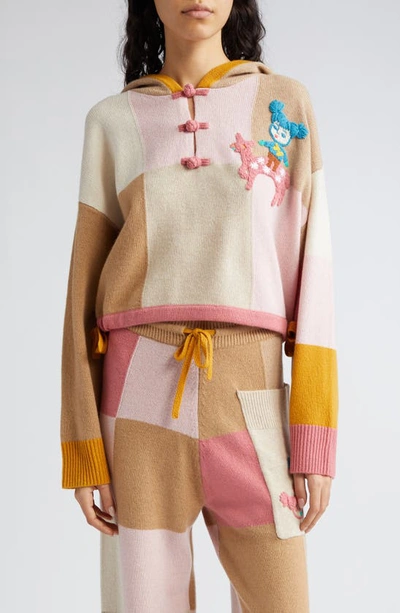 Yanyan Embroidered Checkerboard Hooded Wool Sweater In Strawberry