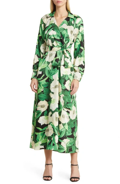 Anne Klein Floral Print Long Sleeve Faux Wrap Midi Dress In Green