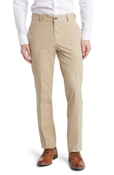 Berle Trim Fit Cotton Poplin Dress Trousers In Khaki