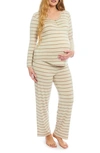Everly Grey Laina Jersey Long Sleeve Maternity/nursing Pajamas In Mocha Stripe