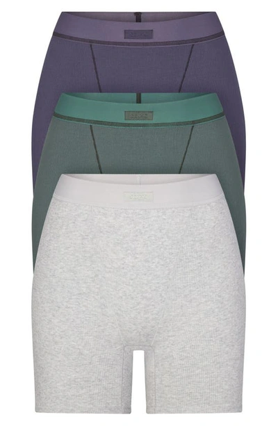 Skims 3-pack Cotton Rib Boxers In Light Grey/green/purple