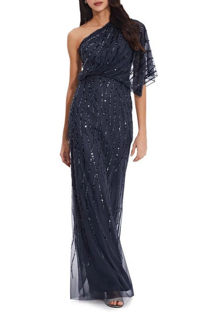 Adrianna Papell Beaded One-shoulder Gown In Dusty Navy