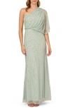 Adrianna Papell Beaded One-shoulder Gown In Icy Sage