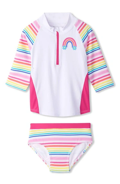 Hatley Kid's Dazzling Stripes Two-piece Rashguard Swimsuit In White/ Pink