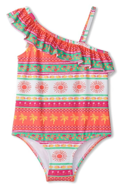 Hatley Kids' Ornate Tropical Ruffle Trim One-piece Swimsuit In White