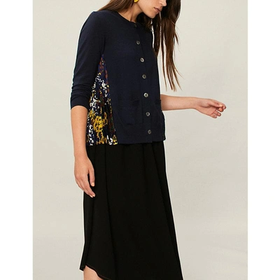 Sacai Floral-panel Wool And Crepe Cardigan In Navy