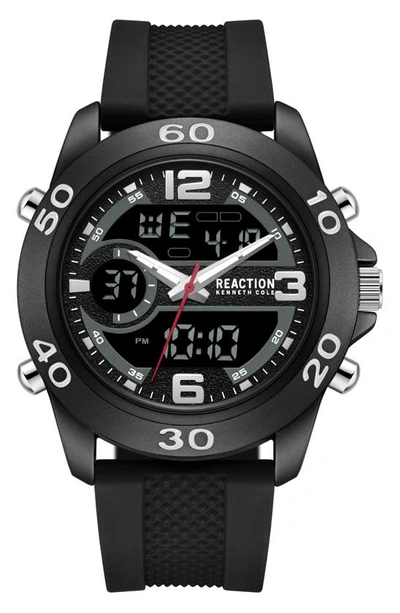 Kenneth Cole Reaction Analog & Digital Display Silicone Strap Watch, 47mm In Black