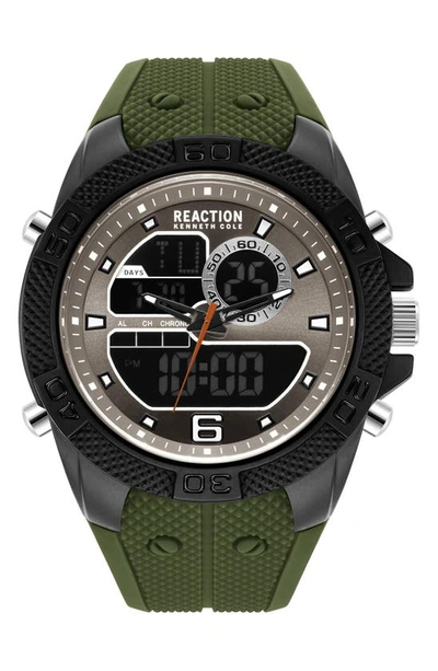 Kenneth Cole Reaction Analog & Digital Display Silicone Strap Watch, 50mm In Green