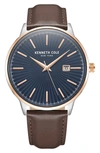 Kenneth Cole Three-hand Quartz Leather Strap Watch, 45mm In Tt Silver/ Gold Rose / Brown