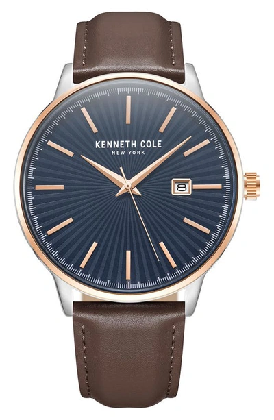 Kenneth Cole Three-hand Quartz Leather Strap Watch, 45mm In Tt Silver/ Gold Rose / Brown