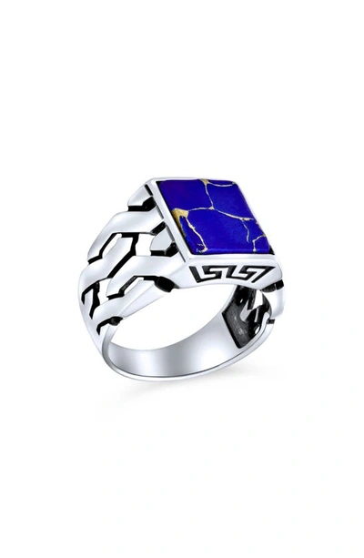 Bling Jewelry Sterling Silver Semiprecious Stone Signet Ring In Dark Blue