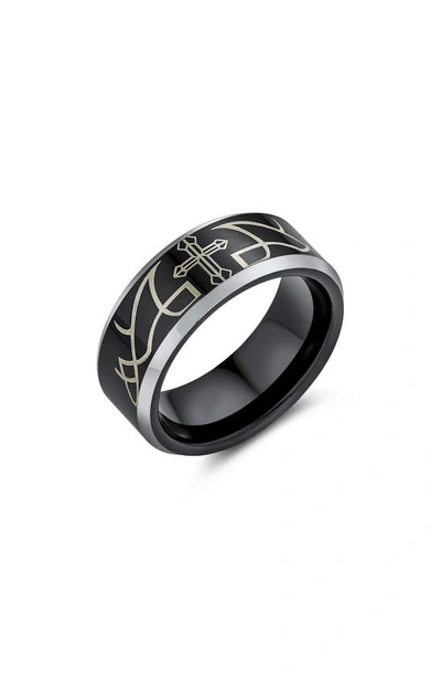 Bling Jewelry Laser Etched Black Titanium Cross Ring