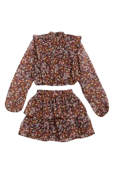 Koko + Mason Kids' Mock Neck Long Sleeve Top & Tiered Skirt Matching Set In Brown Multi