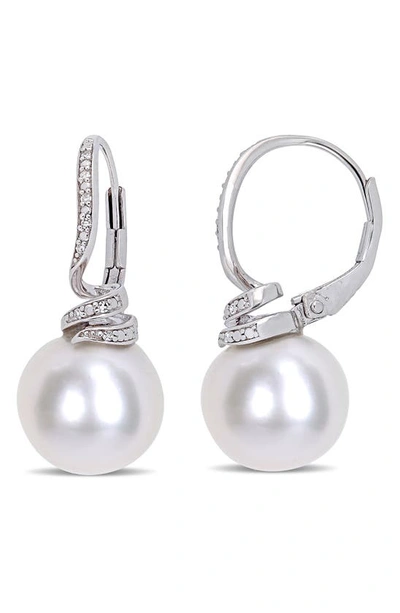 Delmar Sterling Silver Pavé Diamond 11–12mm Cultured Freshwater Pearl Drop Earrings In White