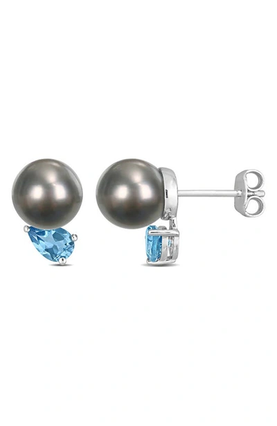 Delmar Sterling Silver 8–9mm Cultured Black Tahitian Pearl & Blue Topaz Stud Earrings