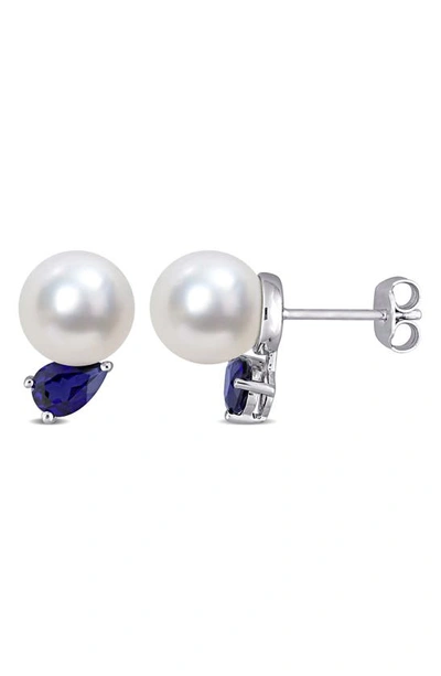 Delmar Sterling Silver 8–9mm Cultured South Sea Pearl & Lab Created Sapphire Stud Earrings In Metallic