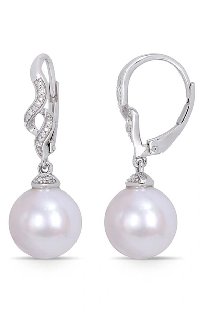 Delmar Cultured Freshwater Pearl & Diamond Drop Earrings In White
