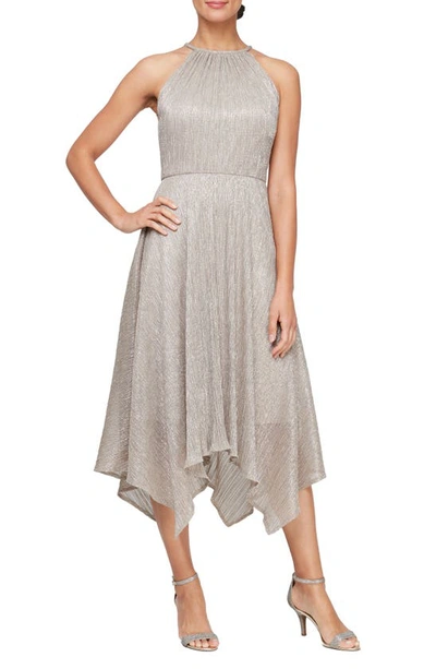 Alex Evenings Metallic Handkerchief Hem Cocktail Dress In Mink