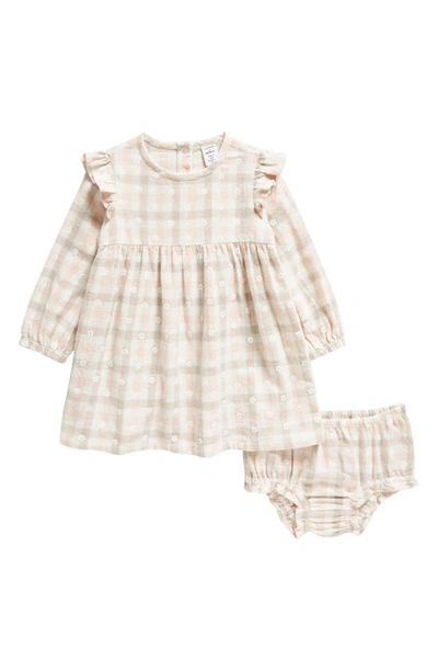 Nordstrom Babies' Ruffle Long Sleeve Dress & Bloomers In Ivory Egret Floral Gingham