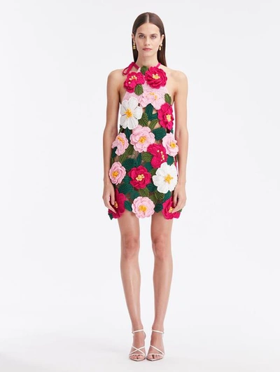 Oscar De La Renta Camellia Crochet-knit Halterneck Minidress In Pink