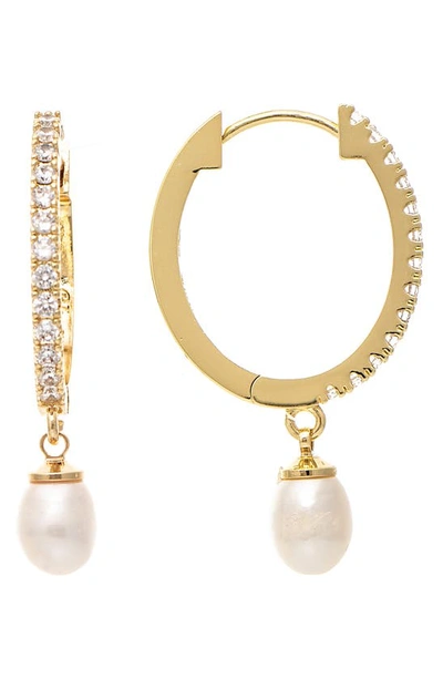Rivka Friedman Pavé Cubic Zirconia Imitation Pearl Drop Hoop Earrings In 18k Gold Clad