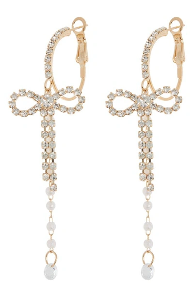 Tasha Crystal Bow & Imitation Pearl Drop Hoop Earrings In Gold
