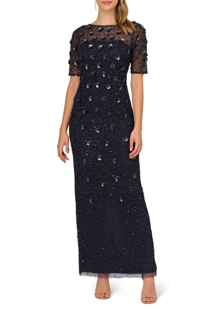 Adrianna Papell Beaded Evening Gown In Dusty Navy