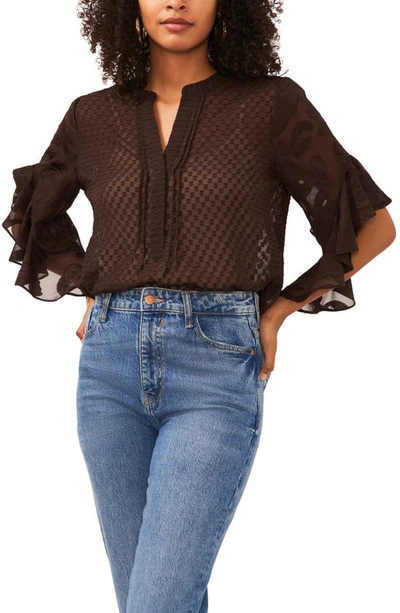 Vince Camuto Flutter Sleeve Clip Dot Chiffon Top In Chocolate Torte