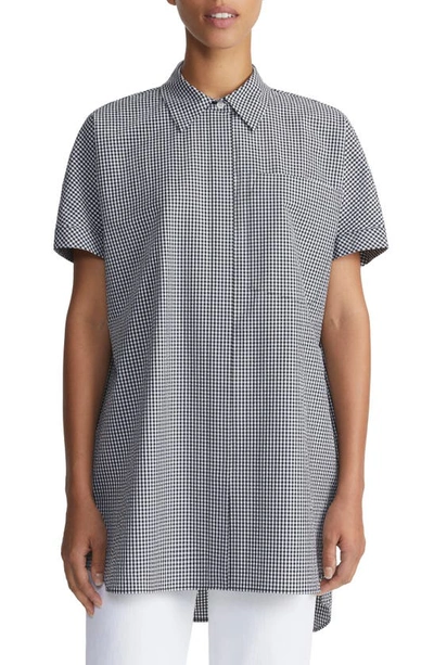 Lafayette 148 Oversize Longline Gingham Short Sleeve Tunic Button-up Shirt In Midnight Blue Multi