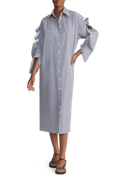 Lafayette 148 Stripe Buttoned Long Sleeve Oversize Cotton Poplin Shirtdress In Midnight Blue