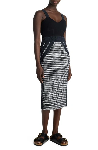 St John Bicolor Mixed Knit Midi Dress In Black/ Ivory Multi