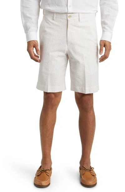 Berle Flat Front Cotton Seersucker Shorts In Tan