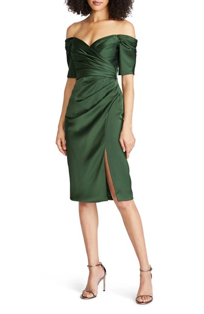 Theia Holland Pleated Off The Shoulder Satin Cocktail Dress In Moss Green