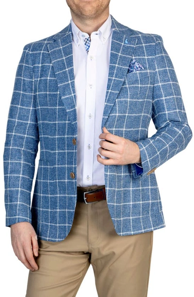 Tailorbyrd Blue Windowpane Notch Lapel Linen Blend Sport Coat In Prussian Blue