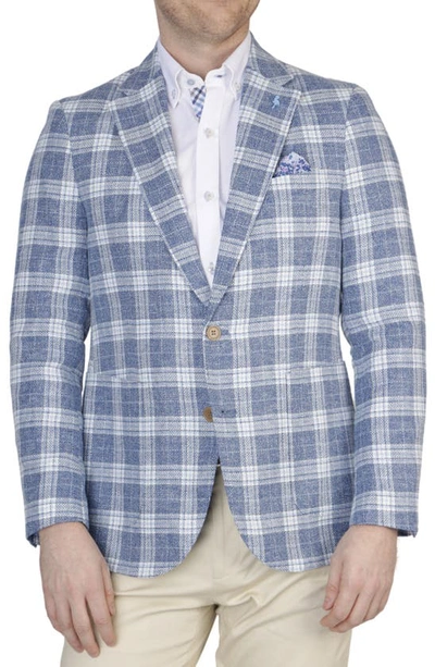 Tailorbyrd Blue Plaid Notch Lapel Linen Blend Sport Coat In Prussian Blue