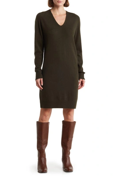 Vince V-neck Long Sleeve Wool Blend Sweater Dress In Tuscan Olive