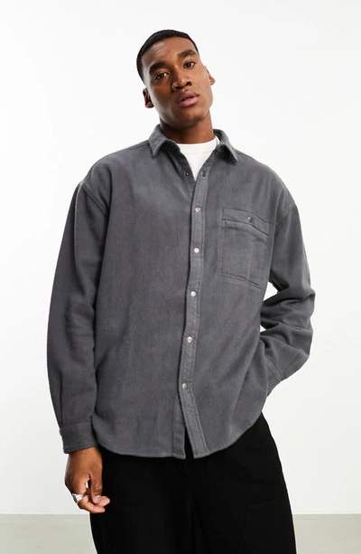 Asos Design Oversize Flannel Snap-up Shirt In Charcoal