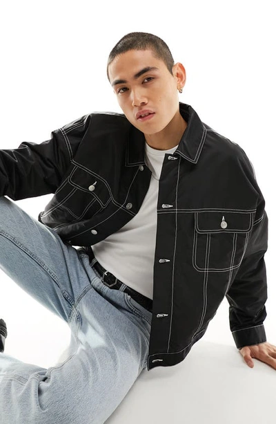 Asos Design Crop Nylon Trucker Jacket In Black