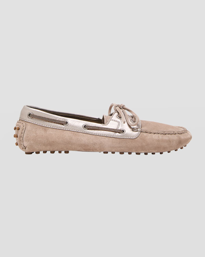 Brunello Cucinelli Suede Metallic Slip-on Driver Loafers In Light Brown